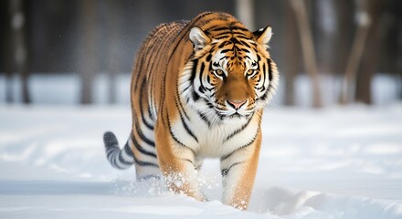 Obraz premium Majestic tiger walking through deep snow in a winter forest, showcasing its powerful presence