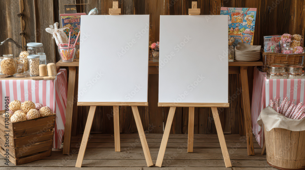 Poster blank canvases await: two empty easels stand ready in an inviting art space, set against a backdrop 