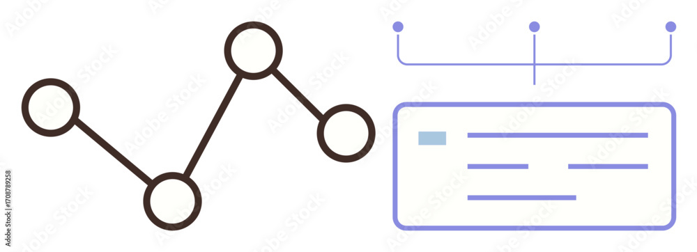 Aufkleber nodes connected in a network diagram beside a structured text box, representing data linkage, flow, 
