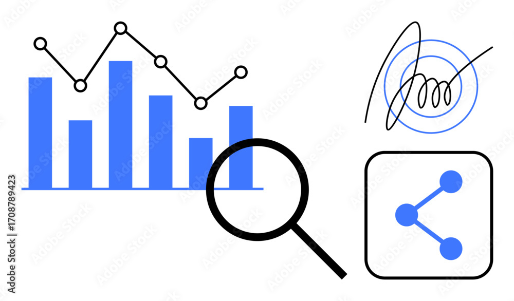 Aufkleber bar chart and line graph highlight statistics, magnifying glass portrays analysis, curved pattern re