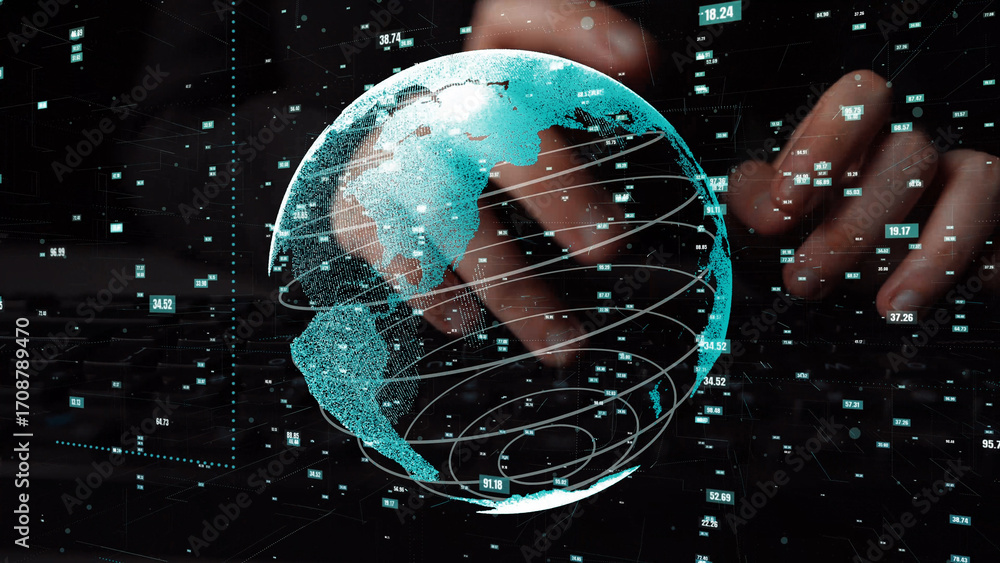 Poster a futuristic digital representation of the globe surrounded by data visualizations and glowing lines