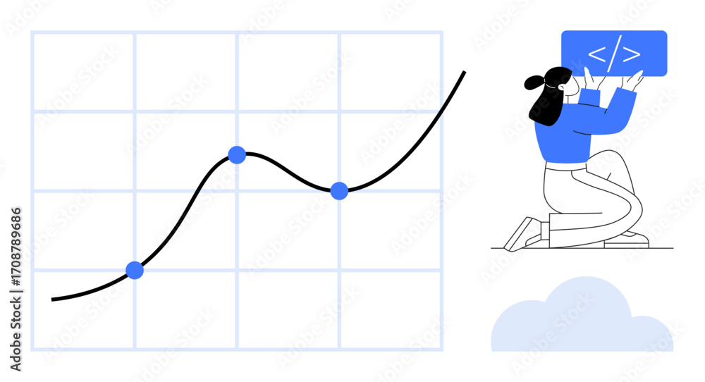 Poster growth graph with data points, coding figure holding screen, cloud at bottom. ideal for technology, 