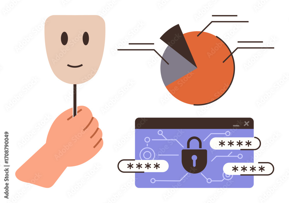 Aufkleber hand holding a mask next to a pie chart and a password-protected interface with a lock icon emphasiz