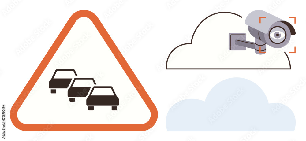 Poster traffic congestion warning inside a triangular sign, a security camera mounted on a wall, and cloud 