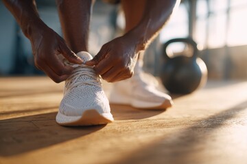 Tying shoelaces in the gym