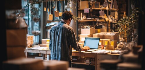a person standing at the counter of their store, typing on an open laptop computer with hanging in the background Generative AI