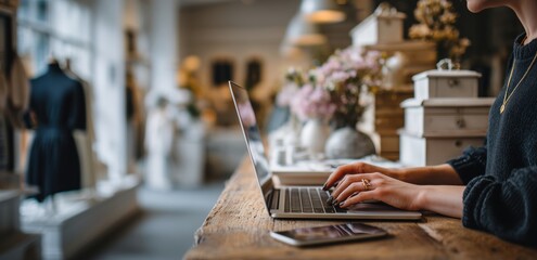 a person is sitting at their desk, typing on the keyboard of an open laptop computer with hanging in front and boxes stacked behind them on top of a wooden table Generative AI