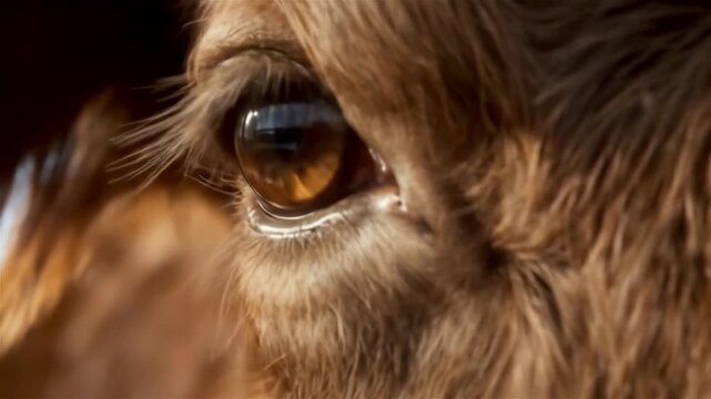 Close-up of cow's eye looking into camera with detailed brown iris and gentle eyelashes, showcasing animal beauty and emotion.