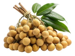 A bunched cluster of fresh ripe longan fruits with green leaves isolated on transparent background