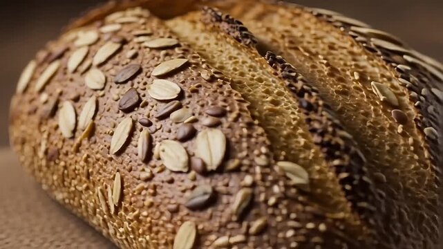 Close-up of crusty whole grain bread topped with assorted seeds and oats, ready to eat.