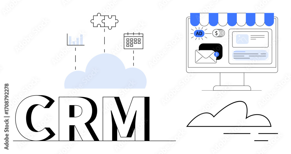 Poster crm letters connected to cloud, data graphs, puzzle, calendar, and a desktop with storefront and mar