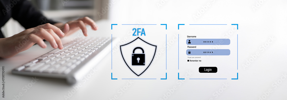Poster two-factor authentication strengthens login system security. adds protection, two-factor authenticat