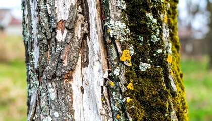 Close-up of tree bark, textured and showing age, with patches of moss and lichen