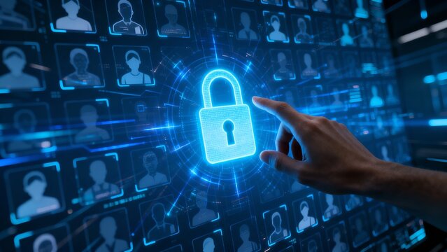 futuristic holographic padlock icon on a digital interface representing cybersecurity, privacy, and data protection