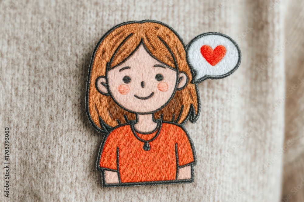 Poster emblematic patch featuring a cheerful character with orange shirt and heart symbolizing affection ca