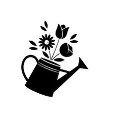 A black white illustration of a watering can filled flowers, a simple yet elegant design