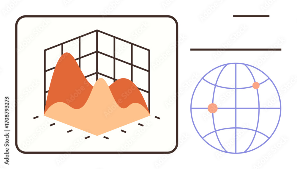 Poster 3d graph with peaks inside grid frame paired with a globe marked by points. ideal for analytics, dat