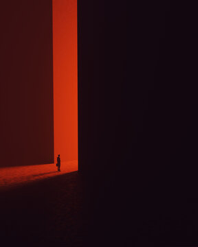 Minimalist silhouette of  businessperson standing at gigantic portal