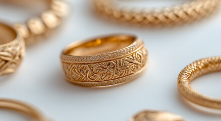 Elegant gold ring with intricate floral design and sparkling stones, surrounded by matching bracelets. A luxurious and timeless jewelry collection.