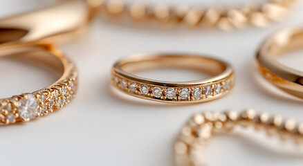 Golden rings and bracelet adorned with shimmering gems evoke timeless elegance and luxury against a pristine white backdrop. Perfect for special occasions.