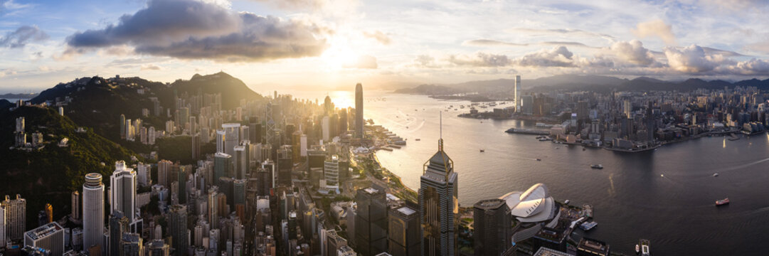 Hong Kong Island at golden hour aerial