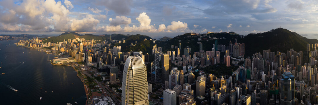 IFC tower and Hong Kong Island at golden hour aerial