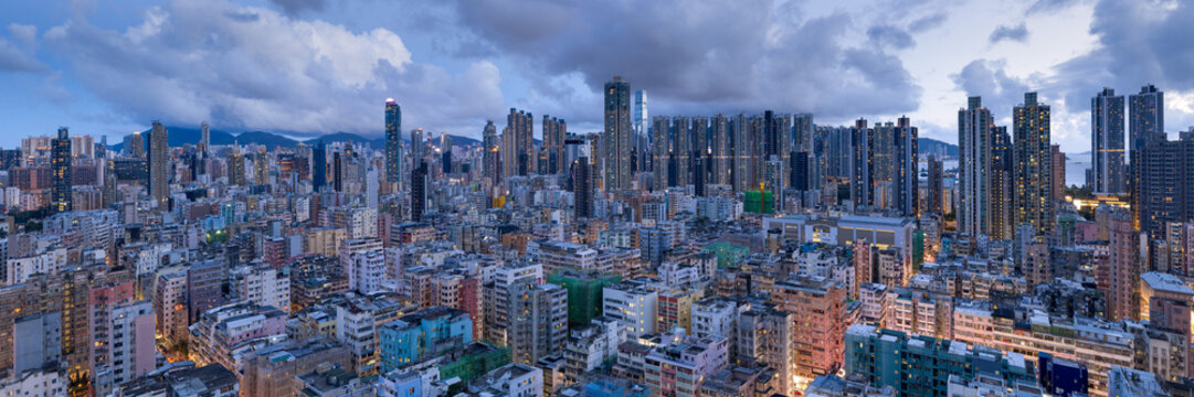 Sham Shui Po Tong Lau architecture Hong Kong at dusk