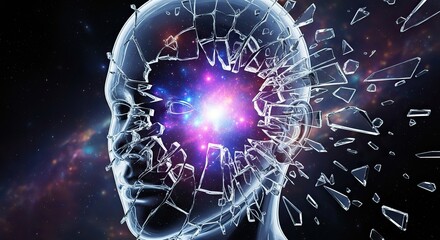 Shattered glass head reveals vibrant cosmic nebula, symbolizing breakthrough and new ideas