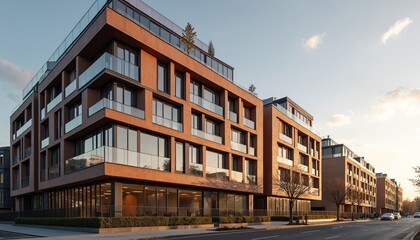 Modern London building exterior with mixed commercial, residential units at sunset. Features clean lines, large windows, glass balconies, terracotta facade. Reflects urban planning, sustainability