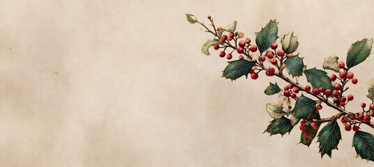 Sprig of holly with red berries and green leaves against a beige background with copy space on the right