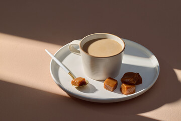 Coffee and caramels on a white plate, perfect for a relaxing moment