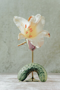 Elegant white flower in a unique vase on a light background