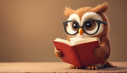 Cute cartoon owl wearing glasses reads red book on brown background. Adorable fluffy bird wisdom, learning, education. Digital art illustration for children books, school materials, creative projects.