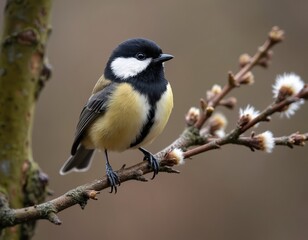 Fototapeta premium Small marsh tit perches on wet forest branch in spring. Songbird shows off yellow, black feathers, white cheeks, dark beak. Natural background, possibly wetland environment, highlights bird detailed