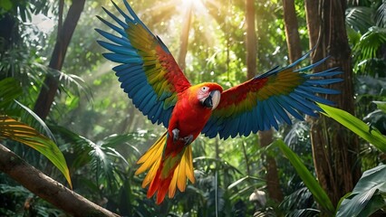 Scarlet Macaw Parrot Flying with Vibrant Wings in Tropical Rainforest Jungle