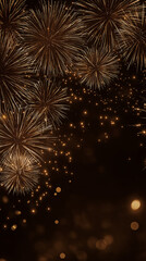 New Year&rsquo;s Eve Celebration Fireworks Holiday Background Panorama. Festive Golden Firework Display On Dark Night Sky Greeting Card Design. Vertical