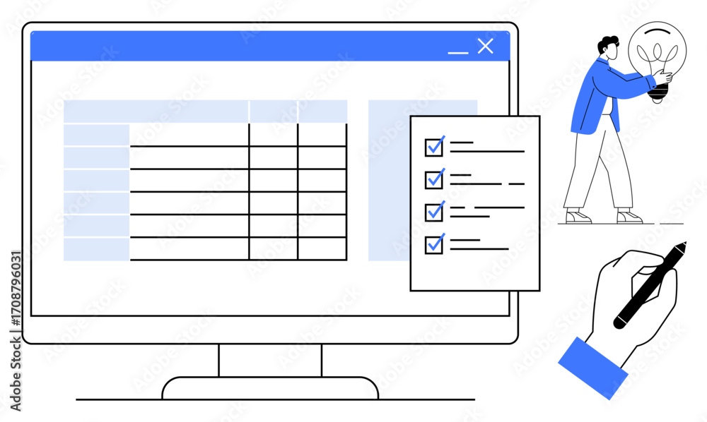 Aufkleber computer screen displaying a data table with checklist overlay, person holding a light bulb, hand wr