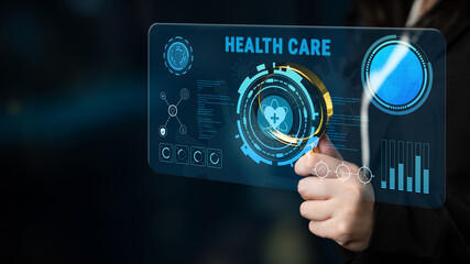 Digital health care technology and medical data dashboard concept. An interface for patient information, diagnostics, and monitoring health records. Motif