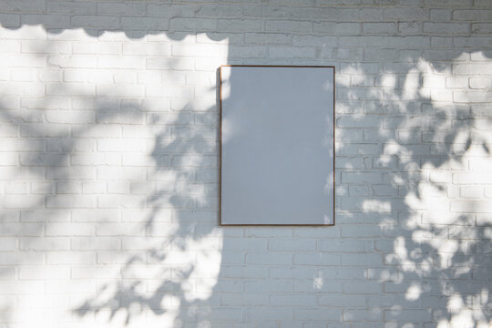 Fototapeta White Brick Wall with Framed Canvas and Leaf Shadows