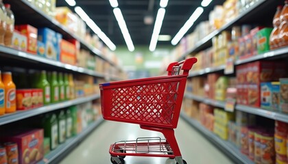 Red shopping cart in busy grocery store aisle. Shelves stocked with colorful food products, snacks, drinks create vibrant retail environment. Blurred background focuses attention on empty cart, ready