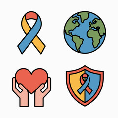 Collection of awareness symbols including ribbon globe heart and shield