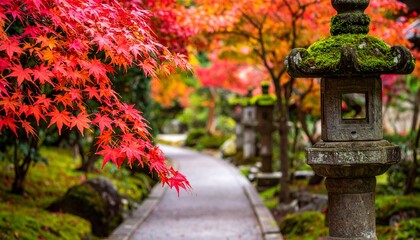 Vibrant fall foliage lines a serene garden path, featuring a stone lantern and copy space for text, perfect fall background