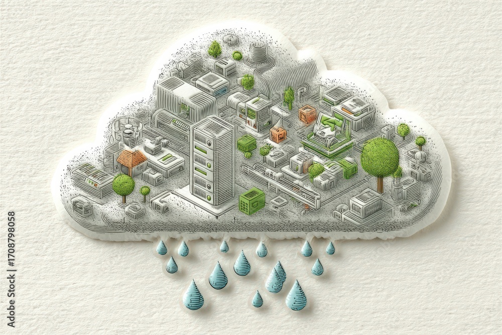 Poster conceptual visualization of a sustainable urban ecosystem depicted within a cloud shape illustrating