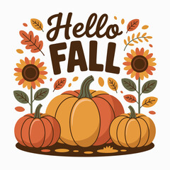 Hello fall autumn harvest pumpkins sunflowers and leaves illustration