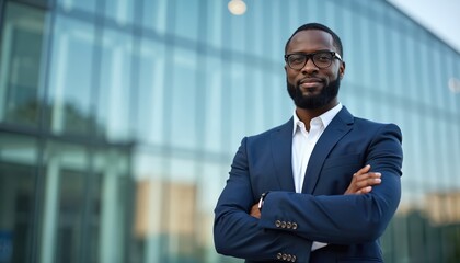 Fototapeta premium Confident business leader arms crossed. Man in suit stands before glass office building. Symbolizes success, empowerment, pro growth, career development, ambition, self-assuredness.