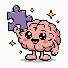 Fototapeta premium Cute cartoon brain character holding a puzzle piece