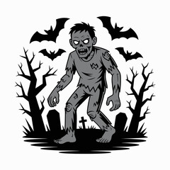 Fototapeta premium Creepy zombie walking through a spooky graveyard at night with bats flying