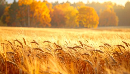 Lush golden wheat field at sunset, showcasing vibrant fall colors with autumn trees in the background and ample copy space for seasonal designs and harvest themes