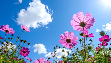 Pink cosmos flowers bloom against a bright blue sky with fluffy white clouds, sunny day