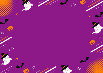 ハロウィンのお化けと幾何学模様の紫背景のフレームのイラスト
